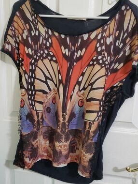 Aquamar Colorful Monarch Butterfly Short Sleeve Boho Y2K Top M